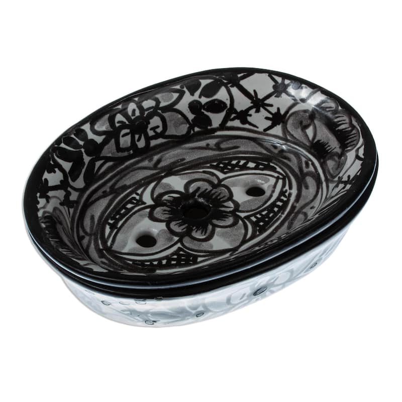 Novica Handmade Monochrome Flowers Ceramic Soap Dish - Black