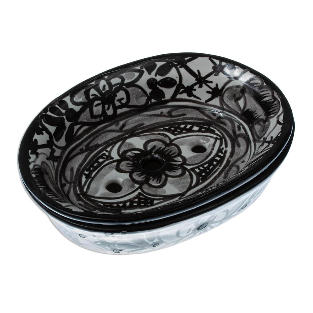 Novica Handmade Monochrome Flowers Ceramic Soap Dish - Black