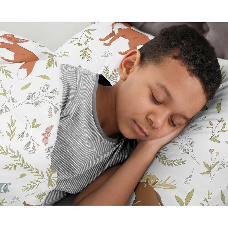 Woodland Animal Toile Collection Boy or Girl 2-piece Twin-size Comforter Set - Grey Green Brown Bear Deer Fox Forest Animals