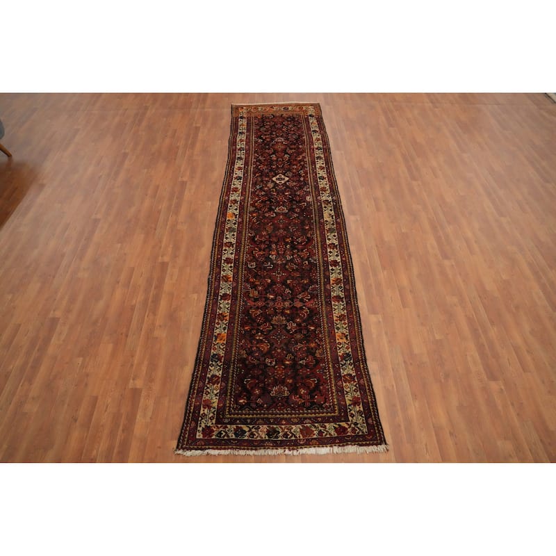 Hand Knotted Oriental 100% Wool Carpet Traditional Floral Brown Malayer Runner Rug - 12' 9'' X 3' 6''