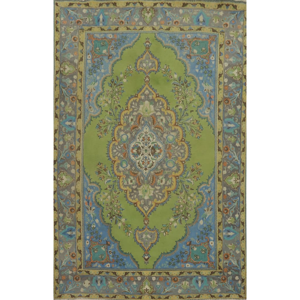 Hand Knotted Oriental 100% Wool Carpet Traditional Floral Green Tabriz Area Rug - 9' 5'' X 6' 5''