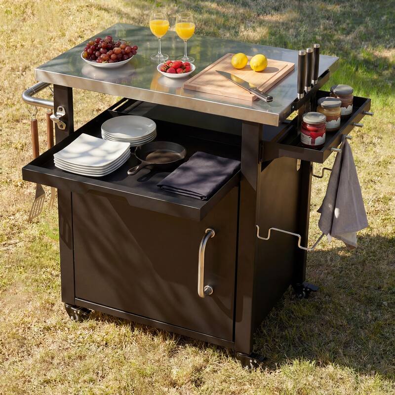 39.5" Outdoor Grill Cart with Stainless Steel Top, Outdoor Kitchen Island with Wheels and Spice & Paper Rack for BBQ - Black