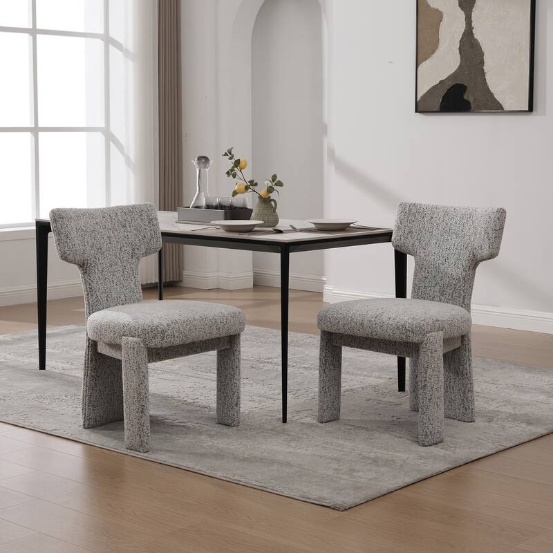 Modern Upholstered Chenille Dining Chair Set, Armless Kitchen Side Chairs Curved Back Accent Chairs w/ Wood Legs for Living Room - White Black Set of 2