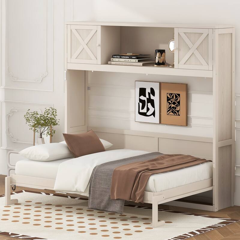 Roomfitters Full/Queen Size Murphy Bed with Storage Cabinets, Shelves and Rustic X-Shape Design - Beige - Full