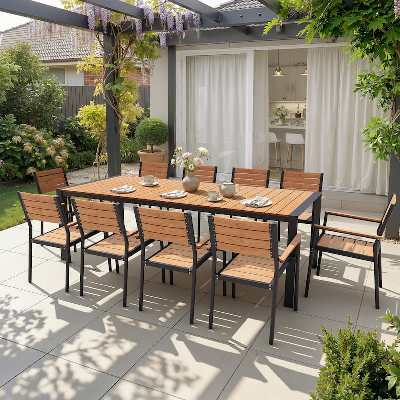 7/9/11-Piece Patio Dining Set Outdoor Aluminum Rectangle Dining Table and Stackable Chairs - Brown - Set of 11