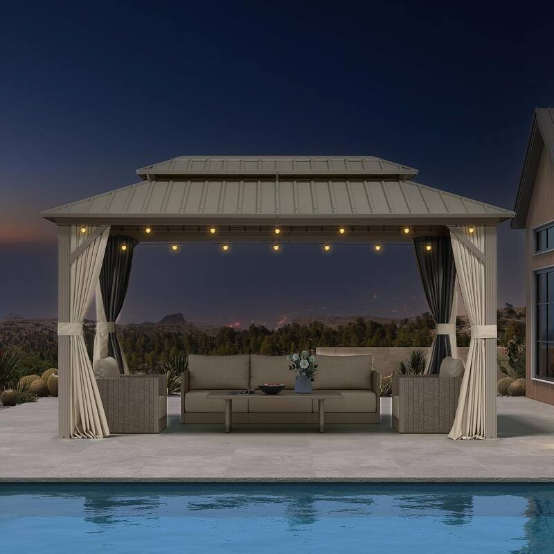 PURPLE LEAF Outdoor Hardtop Gazebo Champagne Metal Frame Galvanized Steel Double Roof with Curtains and Netting for Poolside - 08' x 14' - Gold with Light