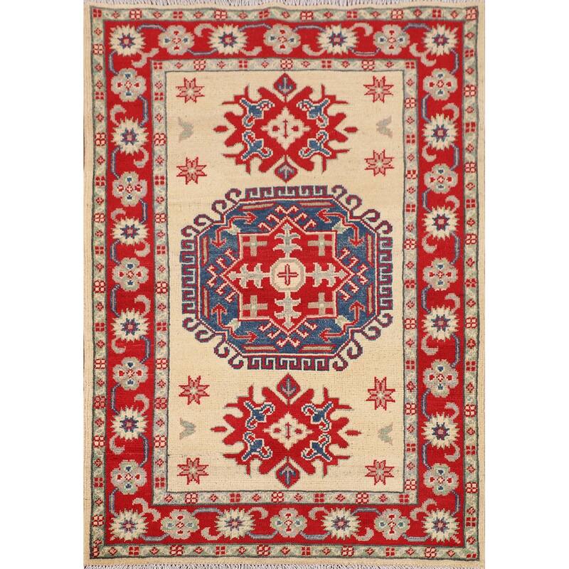 Kazak Foyer Rug Hand-Knotted Traditional Beige Wool Carpet - 2'10" x 3'10"