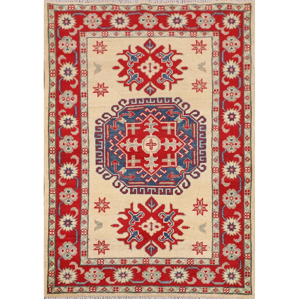 Kazak Foyer Rug Hand-Knotted Traditional Beige Wool Carpet - 2'10" x 3'10"
