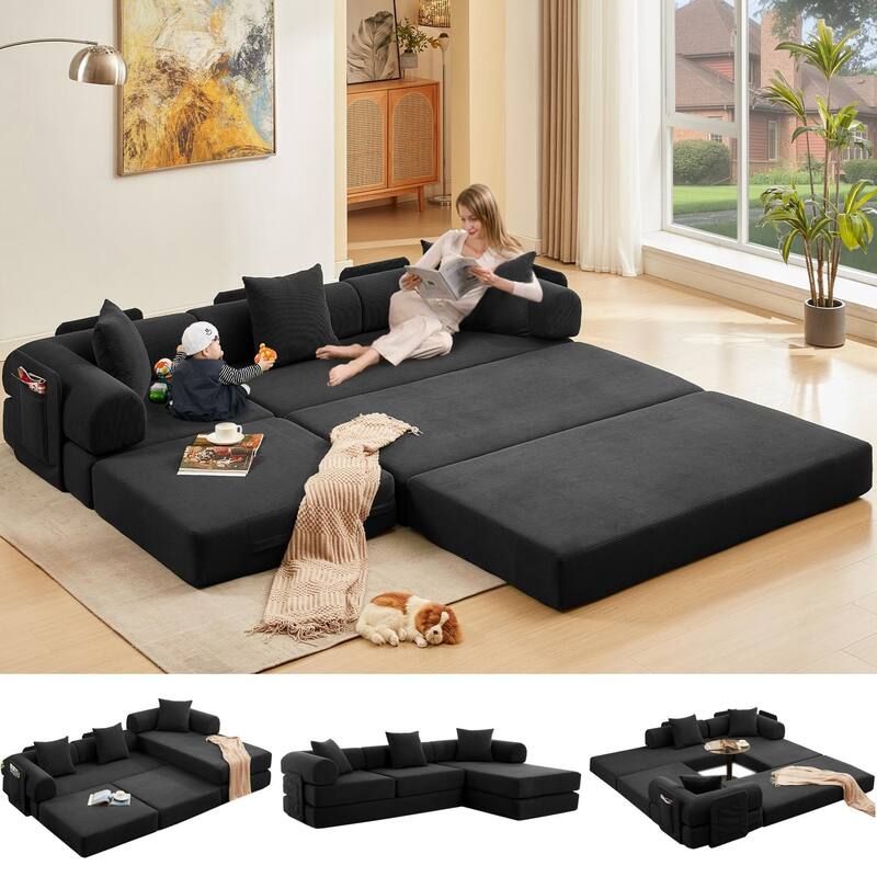 107" L-Shaped 6-in-1 Corduroy Modular Sectional Sofa, Convertible Out Sofa Bed, 4-Seat, Black