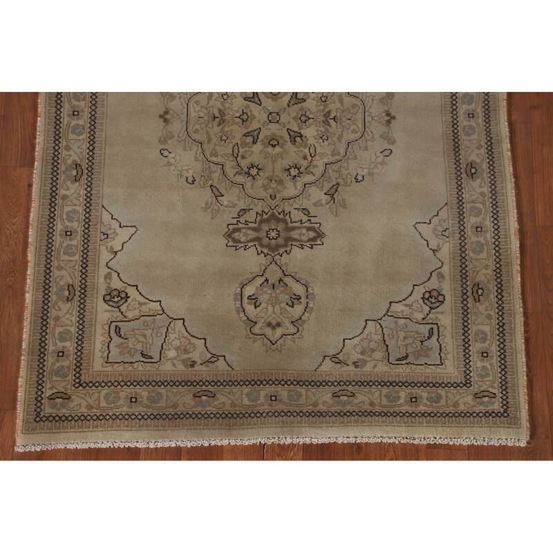 Geometric Tabriz Persian Vintage Rug Hand-Knotted Beige Wool Carpet - 3'6"x 5'3"