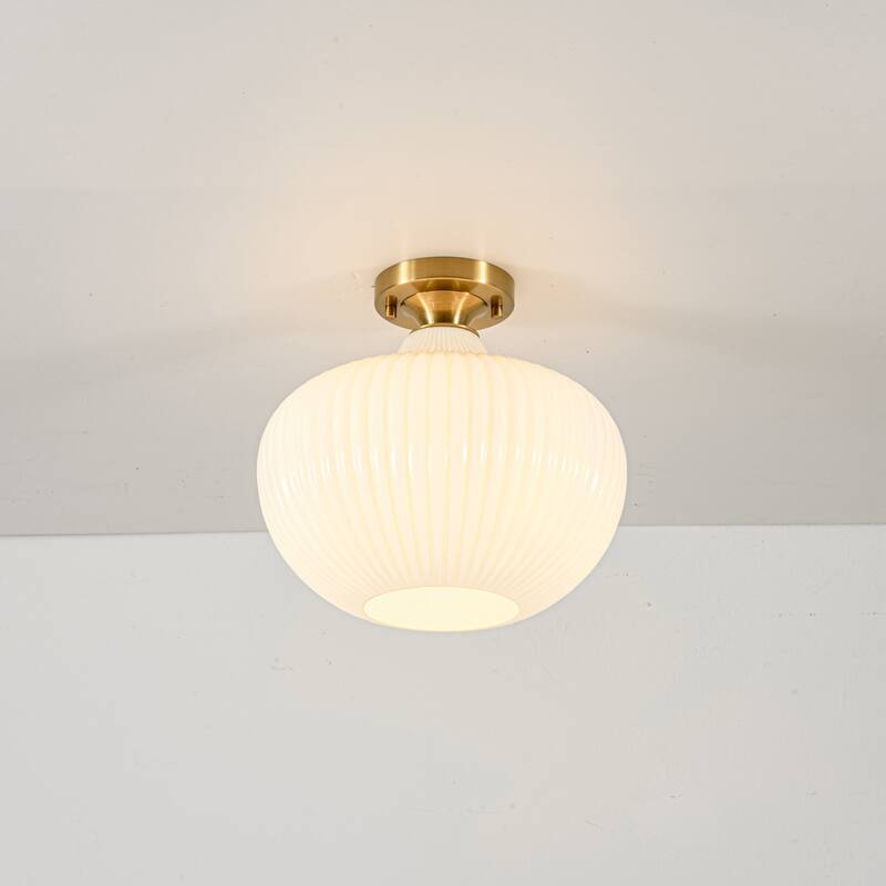 1-Light Modern Elegant Ribbed Glass Flush Mount with Brushed Brass/Matte Black Finish for Bedroom & Foyer