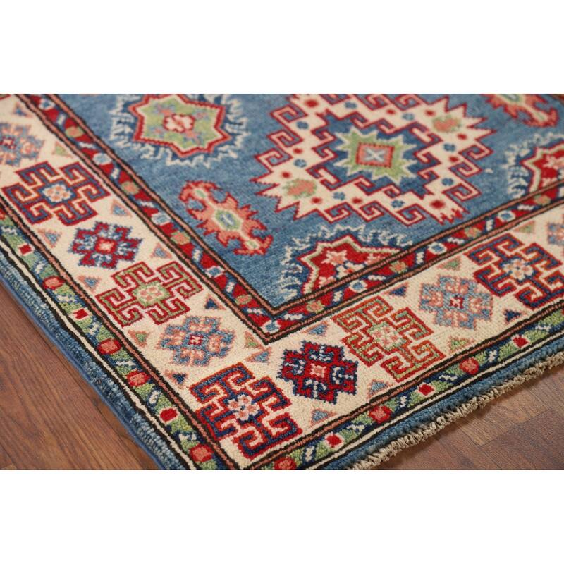 Blue Kazak Foyer Rug Handmade Geometric Wool Handmade Wool Carpet - 2'9" x 4'2"