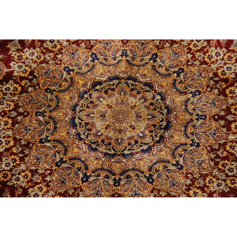 Hand Knotted Oriental Silk Carpet Traditional Floral Red Qum Area Rug - 4' 10'' X 3' 3''