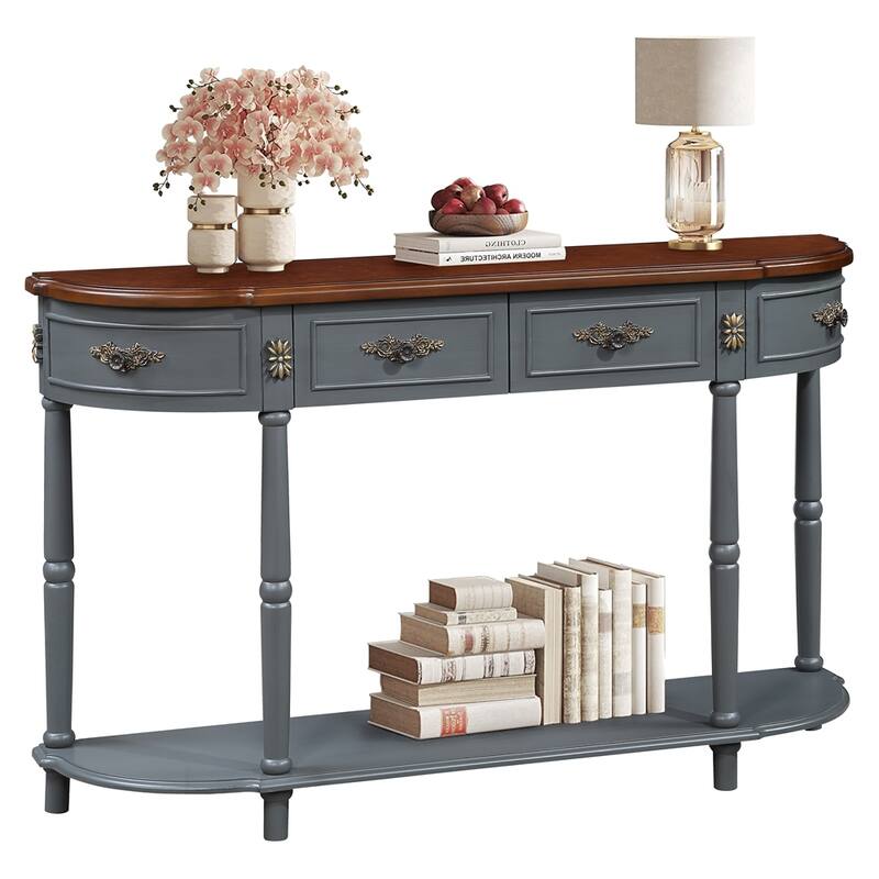 Living Room Hallway Retro Curved Wood Console Table Sofa Table with Shelf and 2 Drawers
