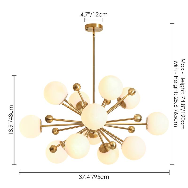 12-Light Modern Sputnik Brass Chandelier with Frosted Glass Globes for Living Room, Dining Room - 12 Light