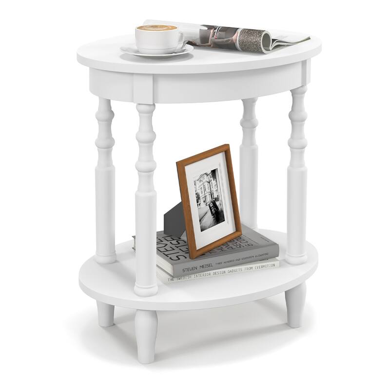 Gymax 2-Tier End Table Oval Compact Sofa Side Nightstand w/ Storage - White