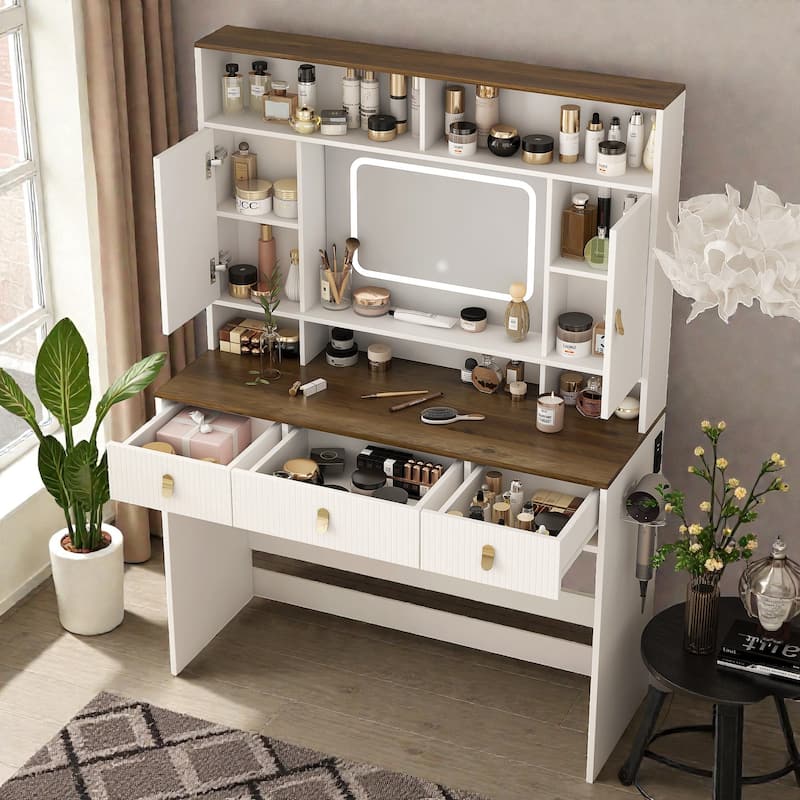 43 Inch Farmhouse Makeup Vanity Table with Lighted Mirror, 3 Drawers and Hair Dryer Holder for Bedroom