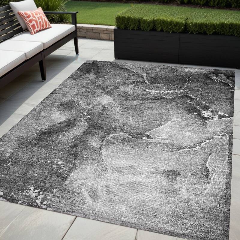 Alrim Modern Art-Inspired Weather Resistant Classic Meets Modern Outdoor Rug - 5' X 8' - Grey