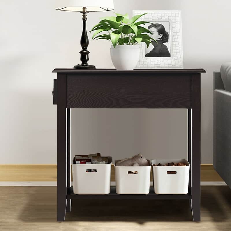 Space-Saving 2 Tier End Table with Drawer and Shelf for Living Room