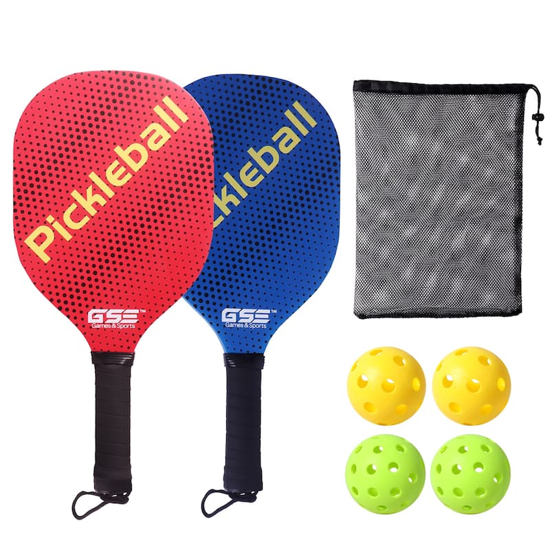 GSE™ Pickleball Paddles Set with 2 Wooden Pickleball Rackets, 2 Indoor & 2 Outdoor Pickleball Balls, Mesh Carrying Bag - Blue/Red