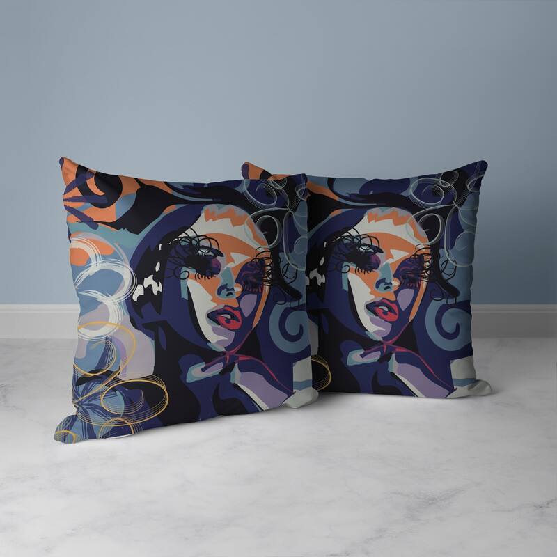 Face Pop Art Faux Suede Reversible Throw Pillow Blue and Orange