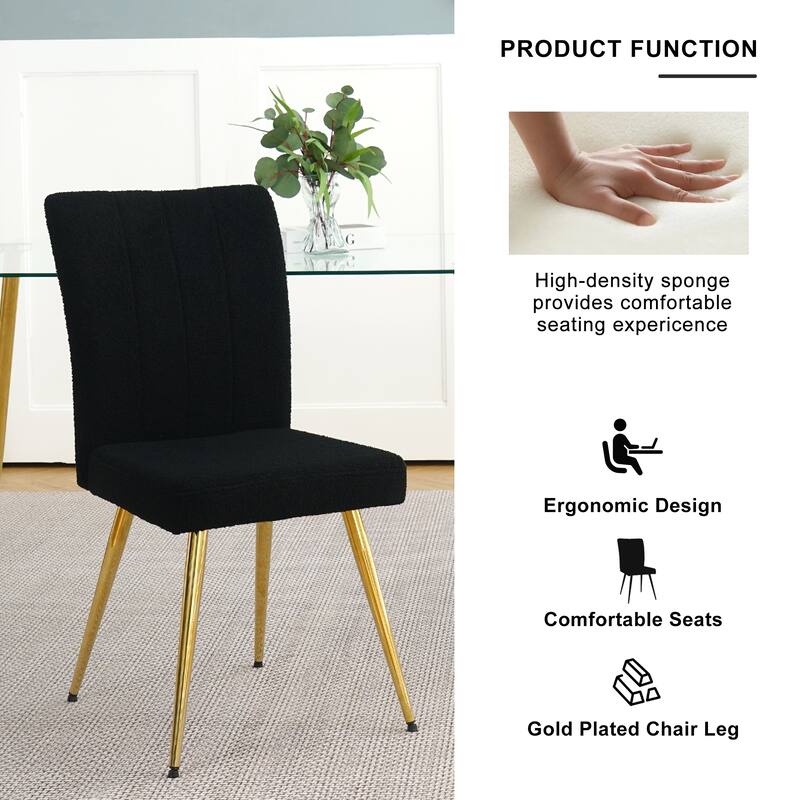 Modern Black Teddy Wool Dining Chairs Set of 4, Upholstered Chair with Fabric Accent Side Chair, Side Chair with Gold Metal Legs