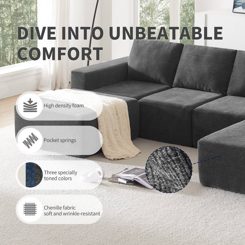 Modular U Shaped Sectional Sofa,Luxury Chenille Floor Couch Set,Foam-Filled Sleeper Sofa Bed,Free Combination，Dark Gray
