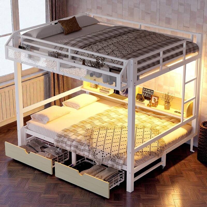 Metal Bunk Bed with Storage Shelves, Drawers, USB Ports, LED Lights & Convertible Lower Bed Sofa Design