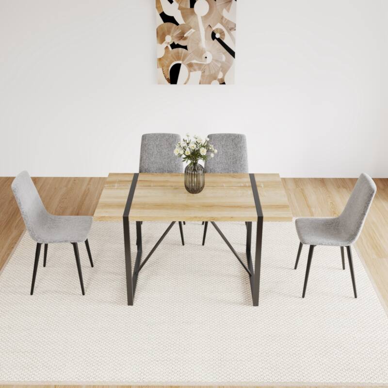 MDF Wood Colour Dining Table and Modern Dining Chairs Set of 4, Dining Room Table and Linen Chairs - Natural+Grey