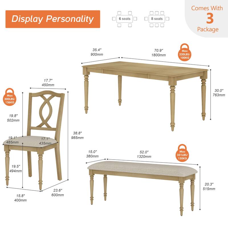 4-Piece Dining Table Set, Table with Bench & 2 Cross-Back Chairs, Oak