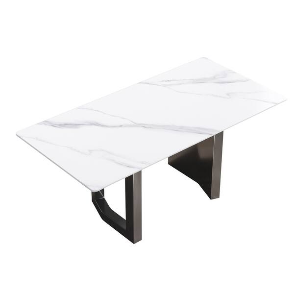 Artificial Stone White Straight Edge Black Metal Leg Dining Table Bed
