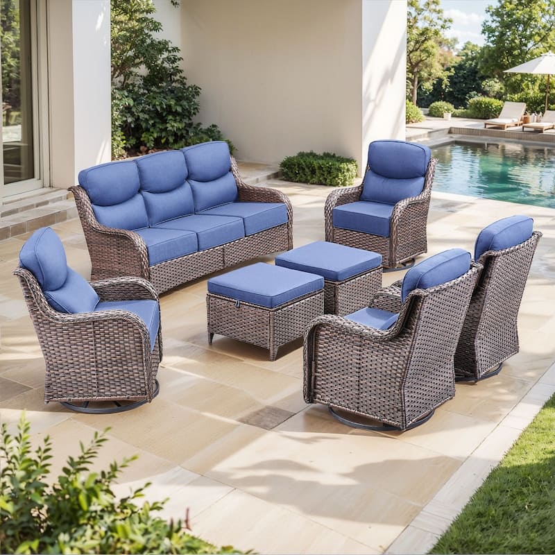 Outdoor Sofa with 6-Inch Thick Cushions Furniture for Porch - Brwon Wicker Blue Cushion - 7PCS Sofa Swivel Chair w/ Ottoman