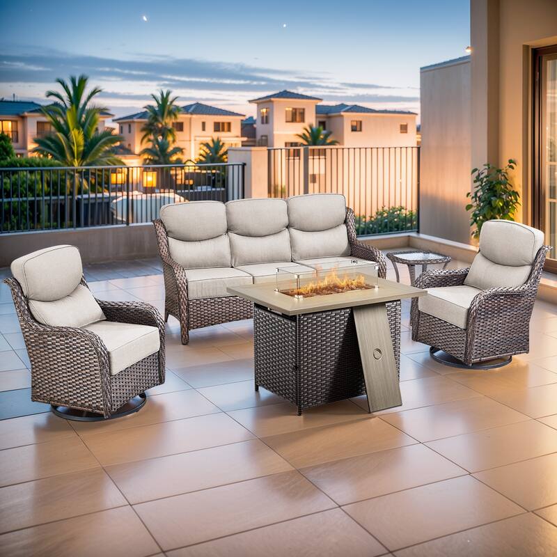 Pocassy Outdoor 6 Inch Sofa Chair Ottoman with Fire Pit Table Set - Brown Wicker Beige Cushion - 5 Pieces Sofa Chair Table with Fire Table