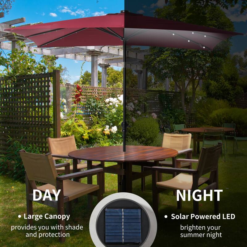 Outsunny 9'x7' Solar Umbrella,LED Lighted Patio Umbrella for Table or Base with Tilt & Crank Outdoor Umbrella for Garden