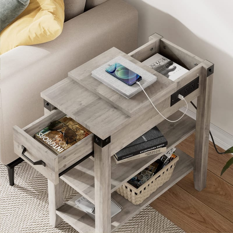 3-Tier Narrow Side Table with Drawer and Storage