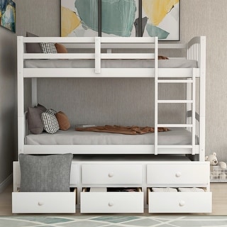 Twin Over Twin Bunk Bed with Ladder and Safety Rail, Twin Trundle Bed with 3 Drawers for Teens Bedroom, Guest Room Furniture