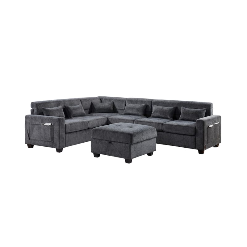 Reyna Sectional Sofa, Ottoman, Adjustable Back, Gray Chenille 115 Inch