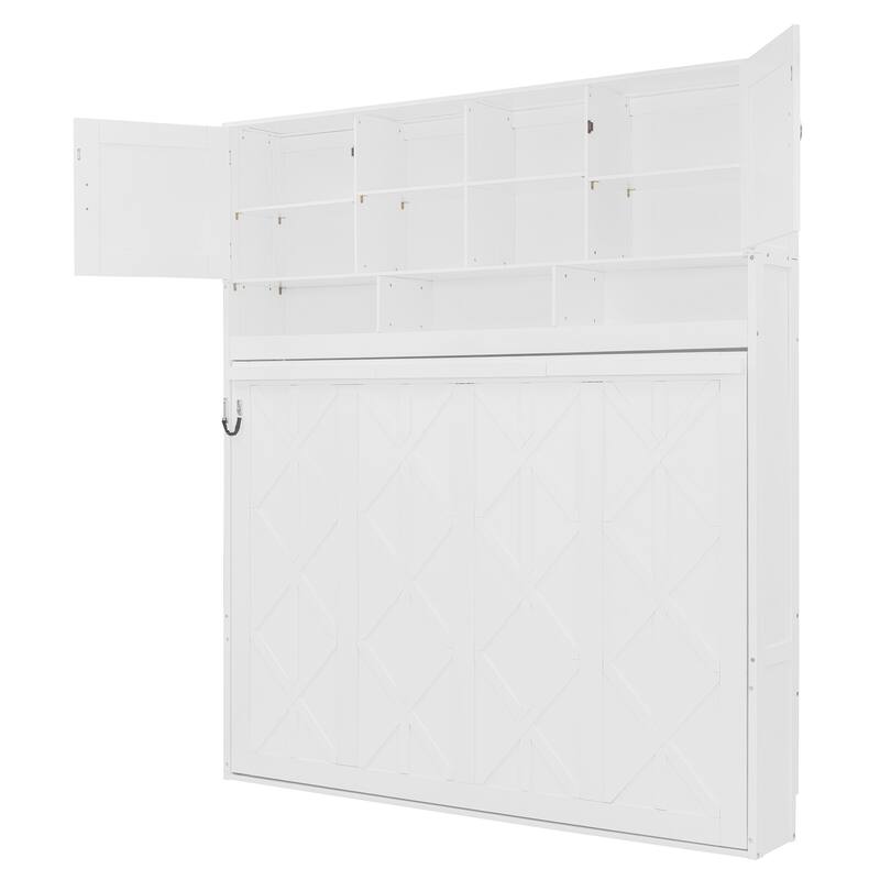 Queen Size Wall-Mounted Murphy Bed with Storage and Decorative Panels, White