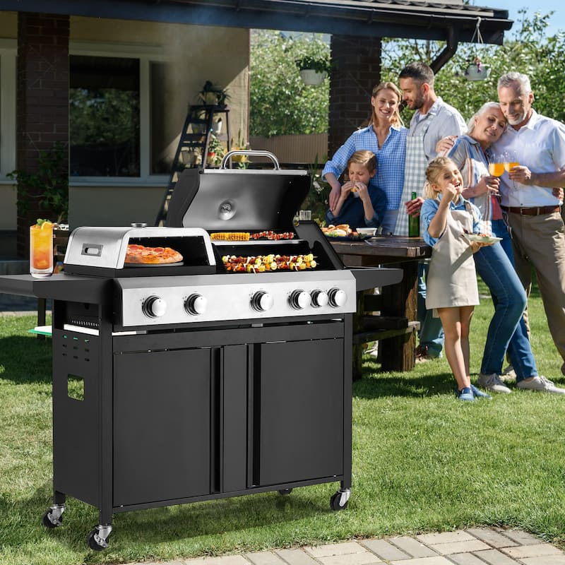 Outdoor Propane Gas Grill with Pizza Oven, 4+1 / 5+1 Burners, Side Burner, Removable Grates, Stainless Steel BBQ Grill - Black - Propane Gas