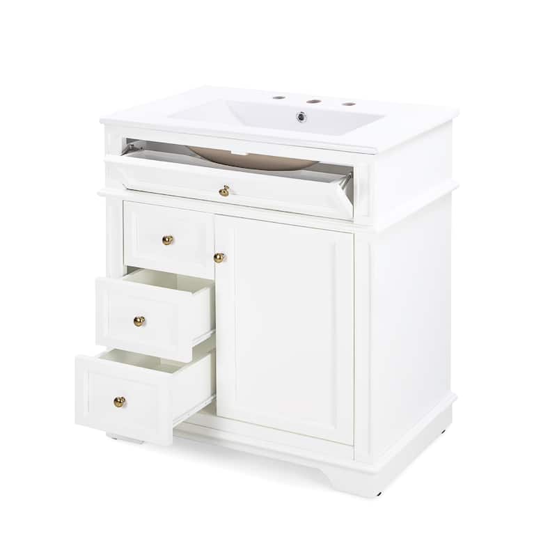 30" Bathroom Vanity with Sink, Tip-Out Drawer, Three Drawers, Door Shelf