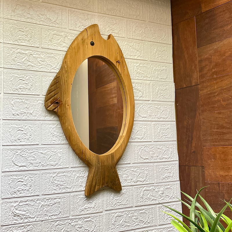 Rustic Wood Fish Shaped Wall Mirror Coastal Beach Nautical Bathroom - 13.75 X 23.75 X 1.25 inches