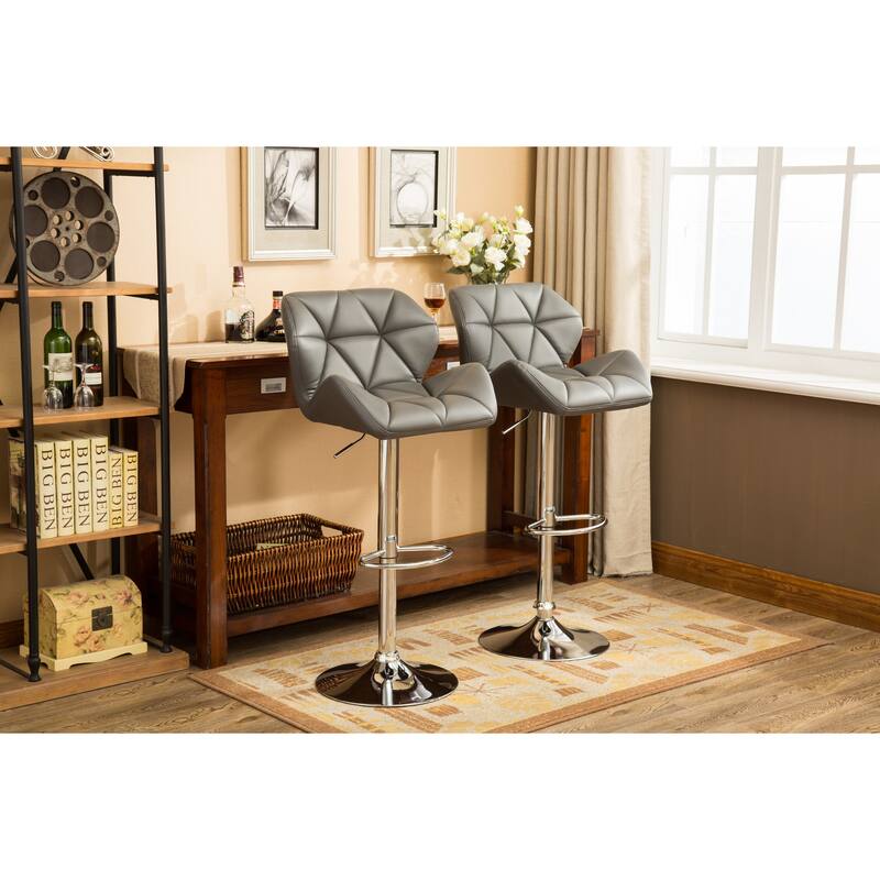 2-Piece Swivel Diamond-Tufted Leather Counter Stools Bar Stools with Adjustable Height & Footrest Dining Stools
