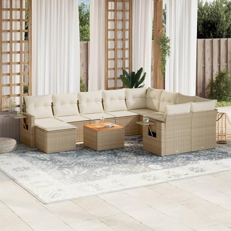vidaXL Garden Sofa Set 11 Piece with Cushions Outdoor Sofa Set Poly Rattan - Beige and Cream - 21.7 x 21.7 x 14.6 in (W x L x H)
