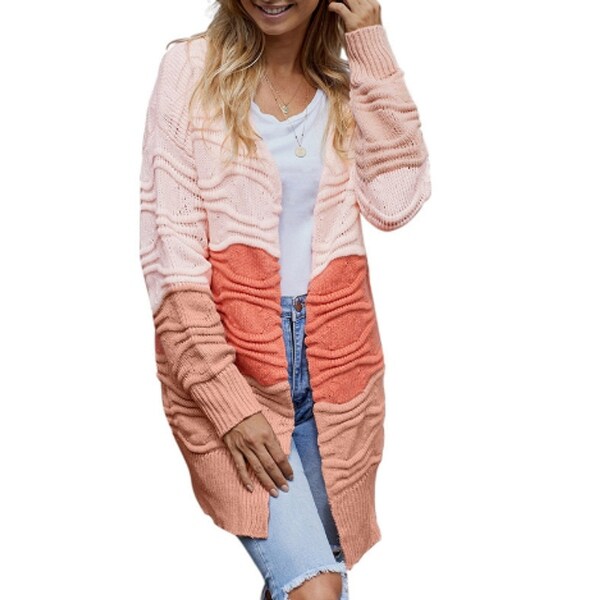 Womens Sweaters Open Front Cardigan Colorblock Long Sleeve Loose Knit Sweaters. Opens flyout.