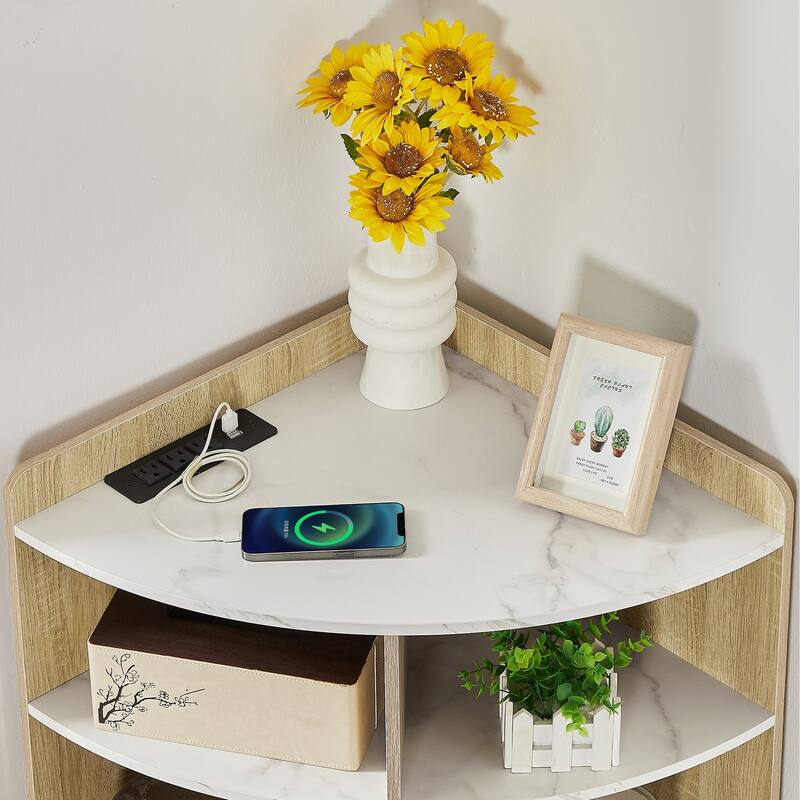 VECELO Corner Cabinet with Charging Station or No Charging Station 3-Tier Bookcase Storage Organizer Triangle Corner Bookcases
