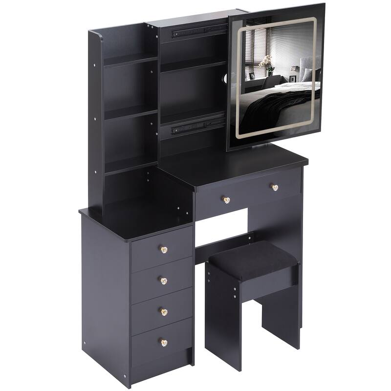 37" Middle Size Left Bedside Cabinet Vanity Table + Cushioned Stool Dresser Set, Large Touch Control LED Sliding Mirror