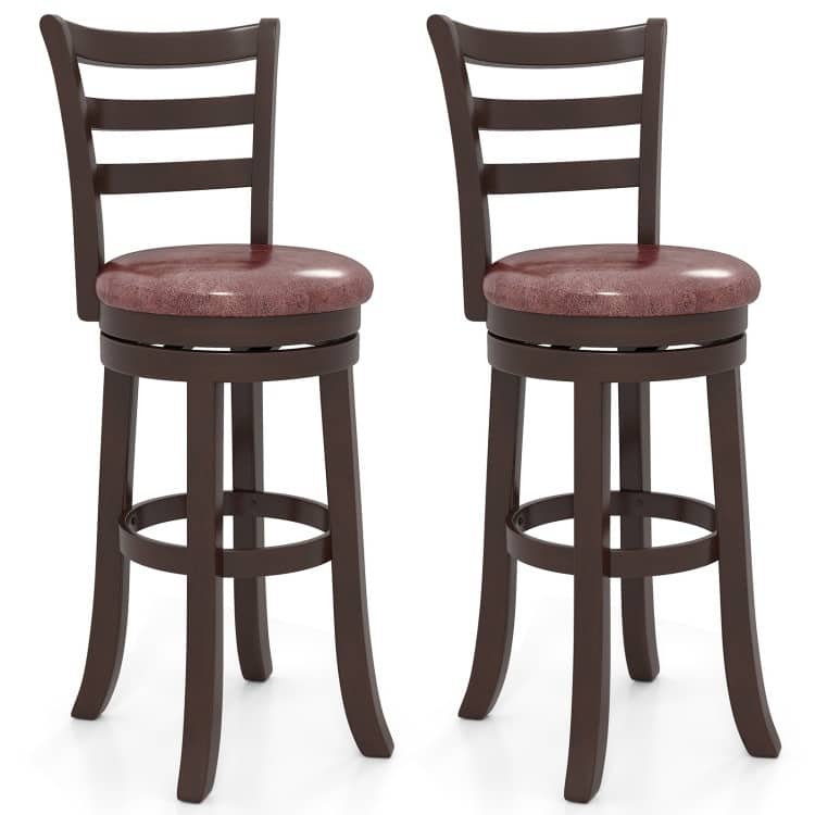 Set of 2 Cappuccino Rubber Wood MDF Swivel Bar Stools with Faux Leather and Footrest