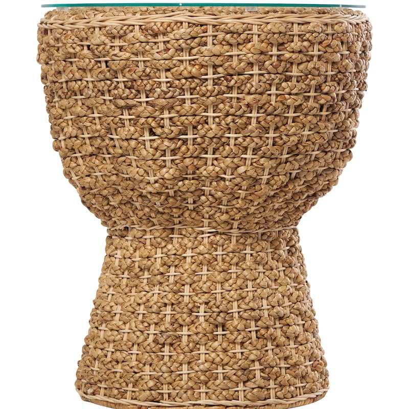 Brown Seagrass Handmade Woven Accent Table with Glass Top