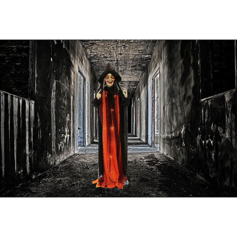 5.42-ft. Standing Witch, Indoor/Covered Outdoor Halloween Decoration, LED Red Eyes, Poseable, Scarlet