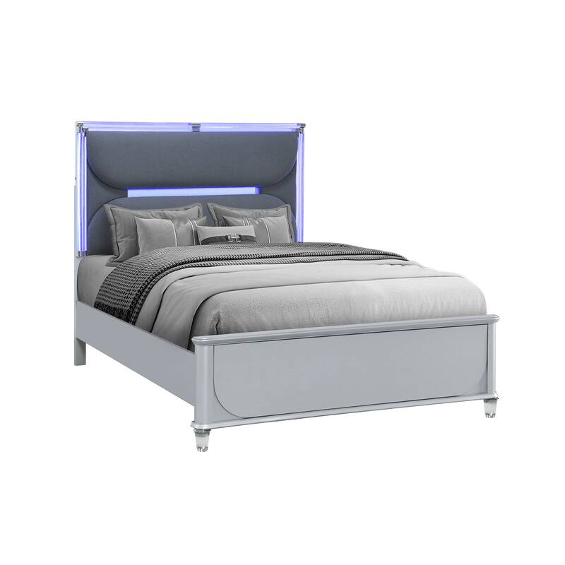 HomeRoots Silver and Gray Wood And Upholstery Lighted Queen Bed Frame